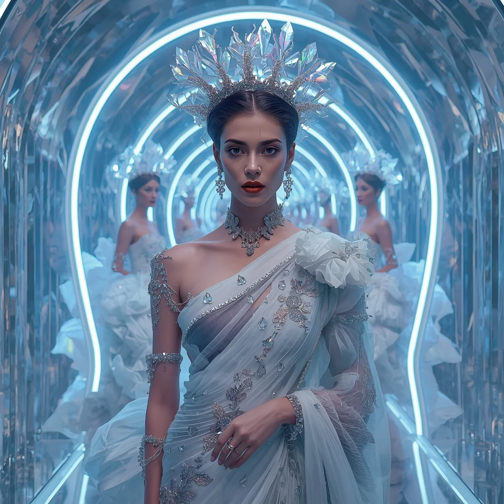 Frozen Aurora Infinity Crown Saree with Cinematic Glamour Frames and Crystal Hyperrealm | Stable Diffusion Prompt