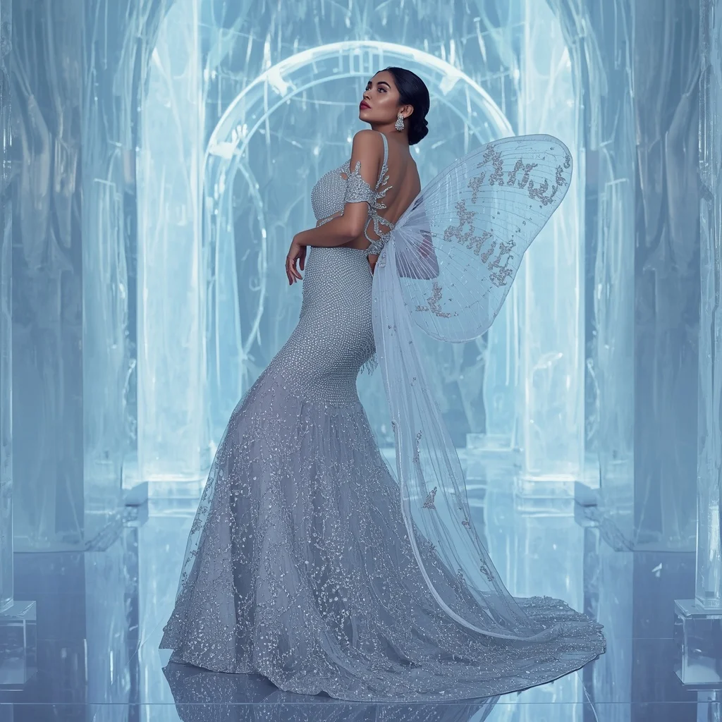 Frozen Butterfly Crystal Saree with Ice Palace Background | Photo Prompt
