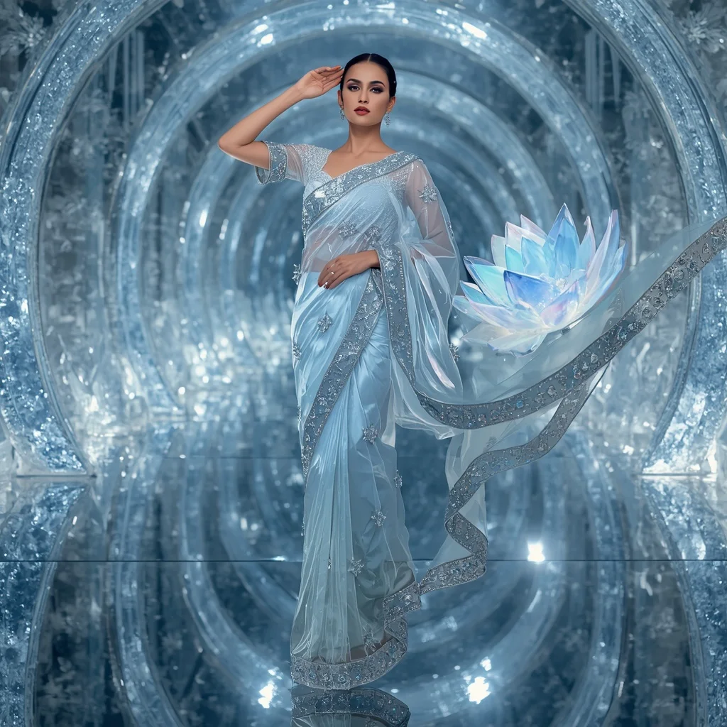 Frozen Crystal Lotus Saree – Futuristic Glam Saree with Floating Pose and Crystal Lotus Reflection Hall Background | Prompt Gemini Ai