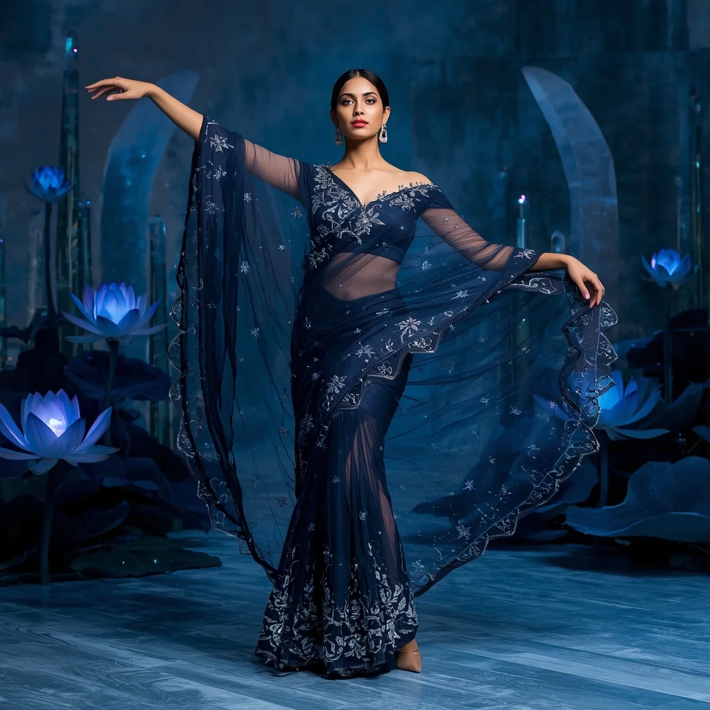 Frozen Crystal Midnight Lotus Saree – Elegant Ice Couture Saree with Hover Ballet Pose and Midnight Lotus Crystal Garden Background | Ai Image Prompt
