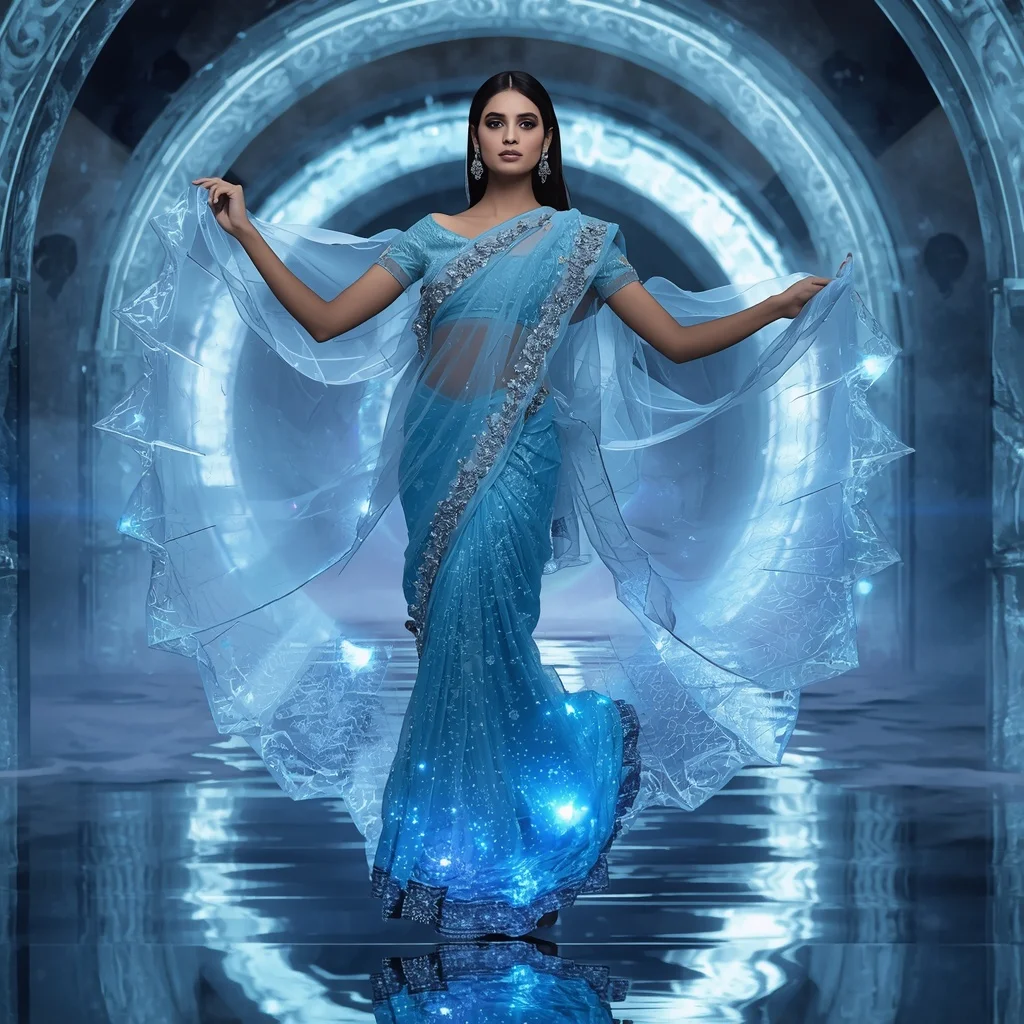 Frozen Crystal Moon Saree – Futuristic Glam Saree with Floating Pose and Crystal Moon Reflection Hall Background | Prompt Ai For Girl Aesthetic