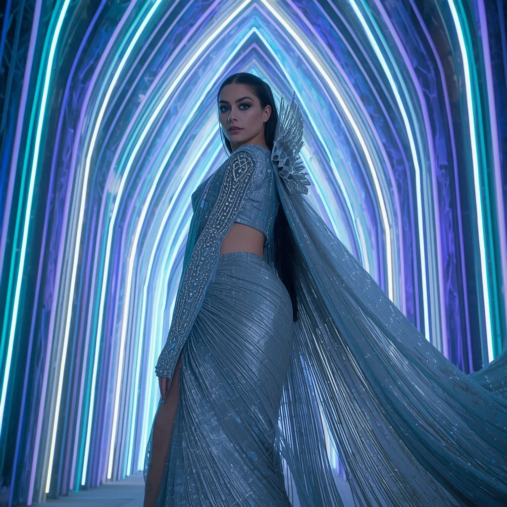 Frozen Diamond Aurora Saree with Neon Wave Cathedral | Prompt Image