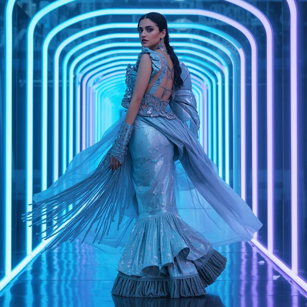 Frozen Diamond Aurora Saree with Neon Wave Palace | Aesthetic Ai Prompt