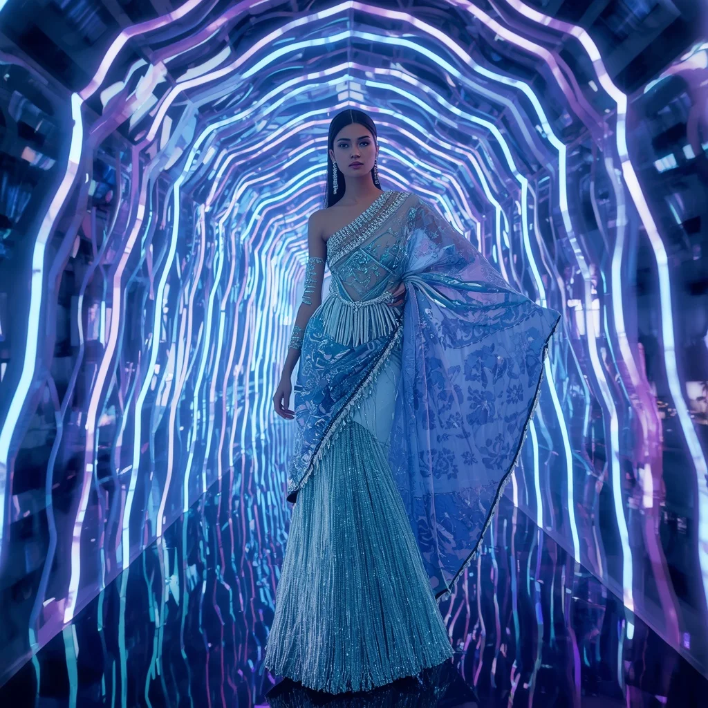 Frozen Diamond Galaxy Saree with Neon Wave Infinity Palace | Pre Wedding Ai Prompt