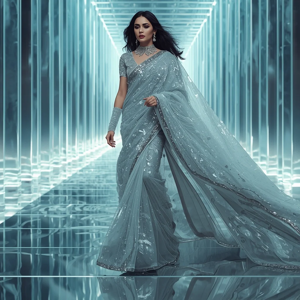 Frozen Diamond Mirage Saree with Crystal Beam Reflection Infinity Orbit Hall | Banana Prompts Girls