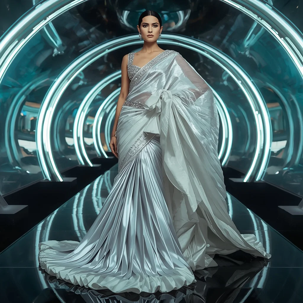 Frozen Diamond Mirage Saree with Infinity Ribbon Reflection Orbit Infinity Dome | Character Design Ai Prompt