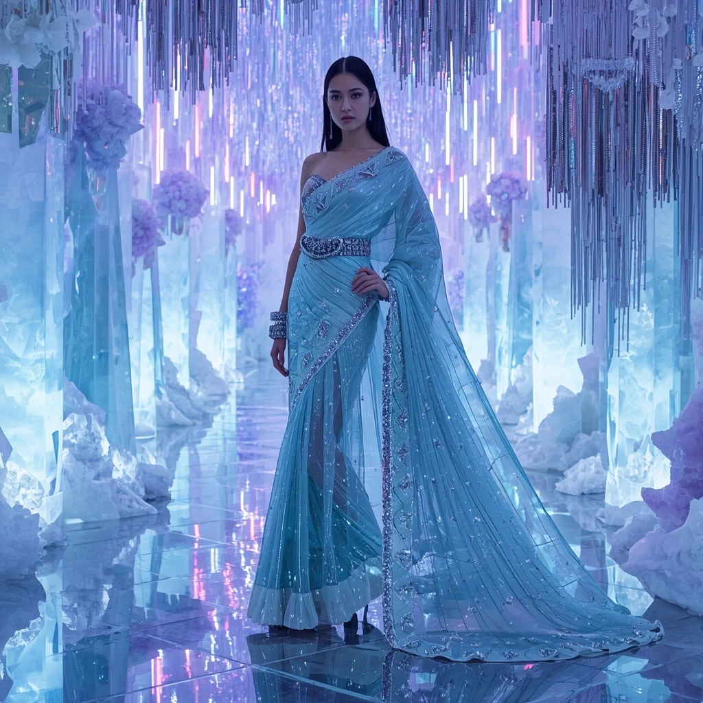 Frozen Diamond Mirage Saree with Neon Wave Crystal Sanctuary | Ai Selfie Prompt