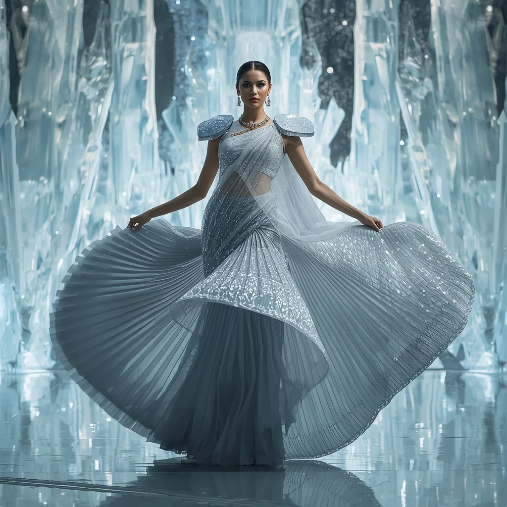 Frozen Diamond Orbit Saree with Ice Crystal Fantasy Fortress | Traditional Saree Prompt In English