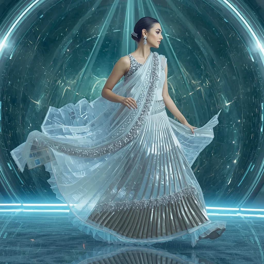 Frozen Diamond Symphony Saree with Crystal Beam Reflection Infinity Galaxy Dome | Desi Girl Ai Prompt