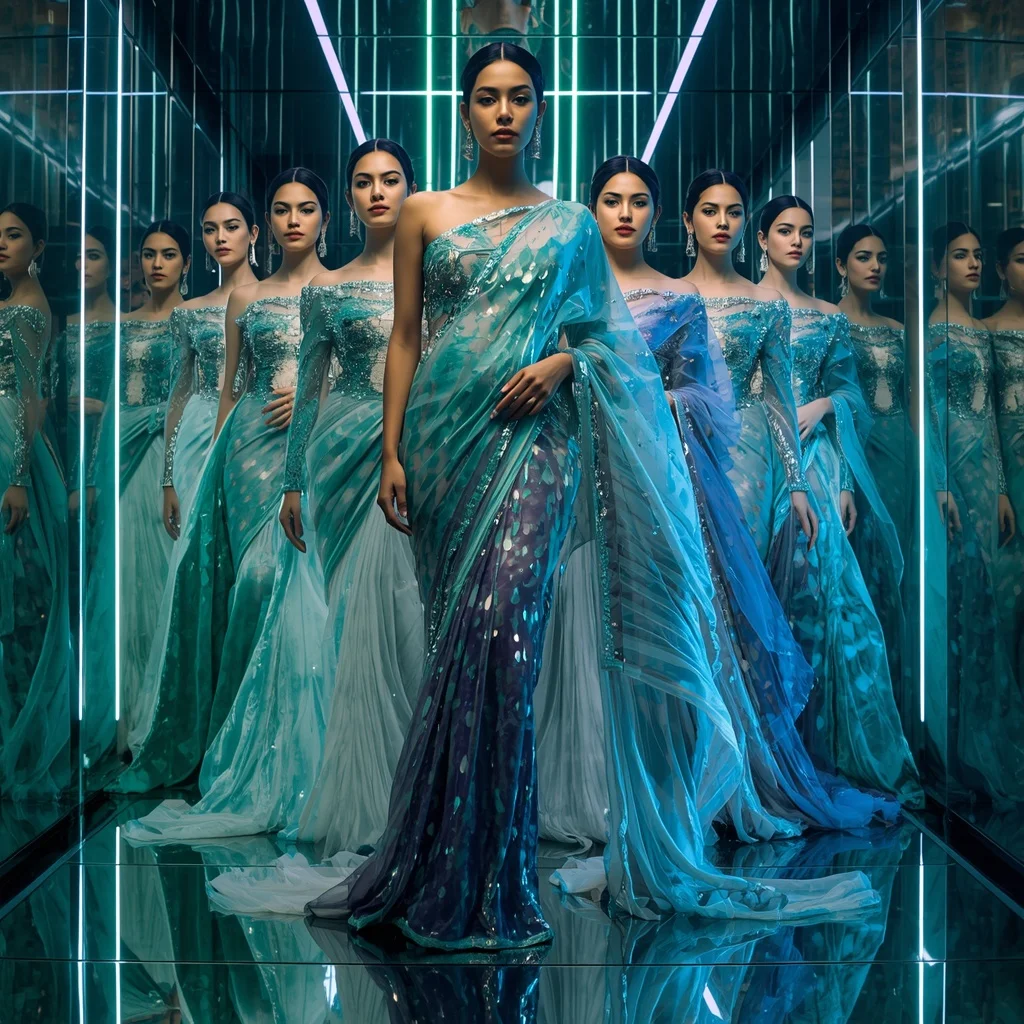 Frozen Emerald Celestial Megaverse Saree with Multi Motion Fashion Frames and Aurora Infinity Quantum Realm | Trending Ai Prompt