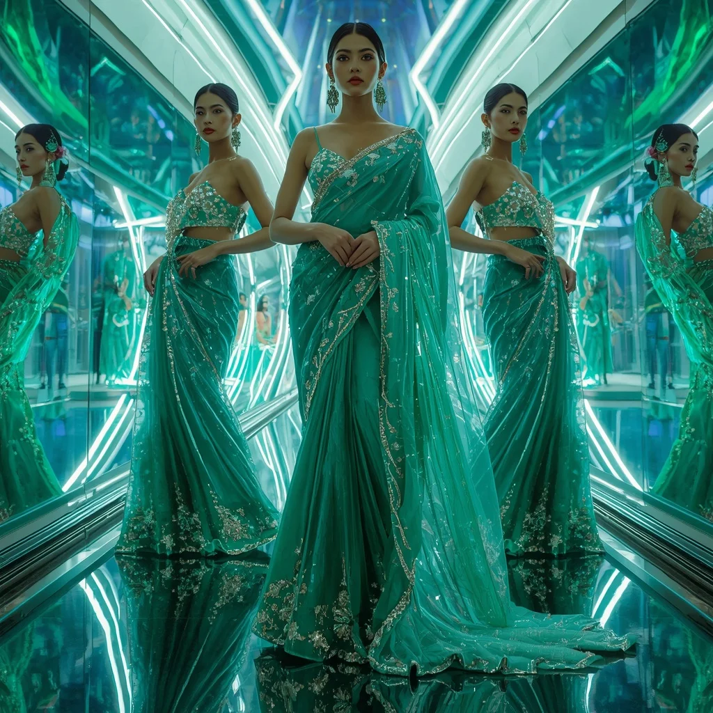 Frozen Emerald Quantum Infinity Saree with Multi Motion Fashion Frames and Aurora Celestial Hypercosmos | Girl Photo Prompt Gemini