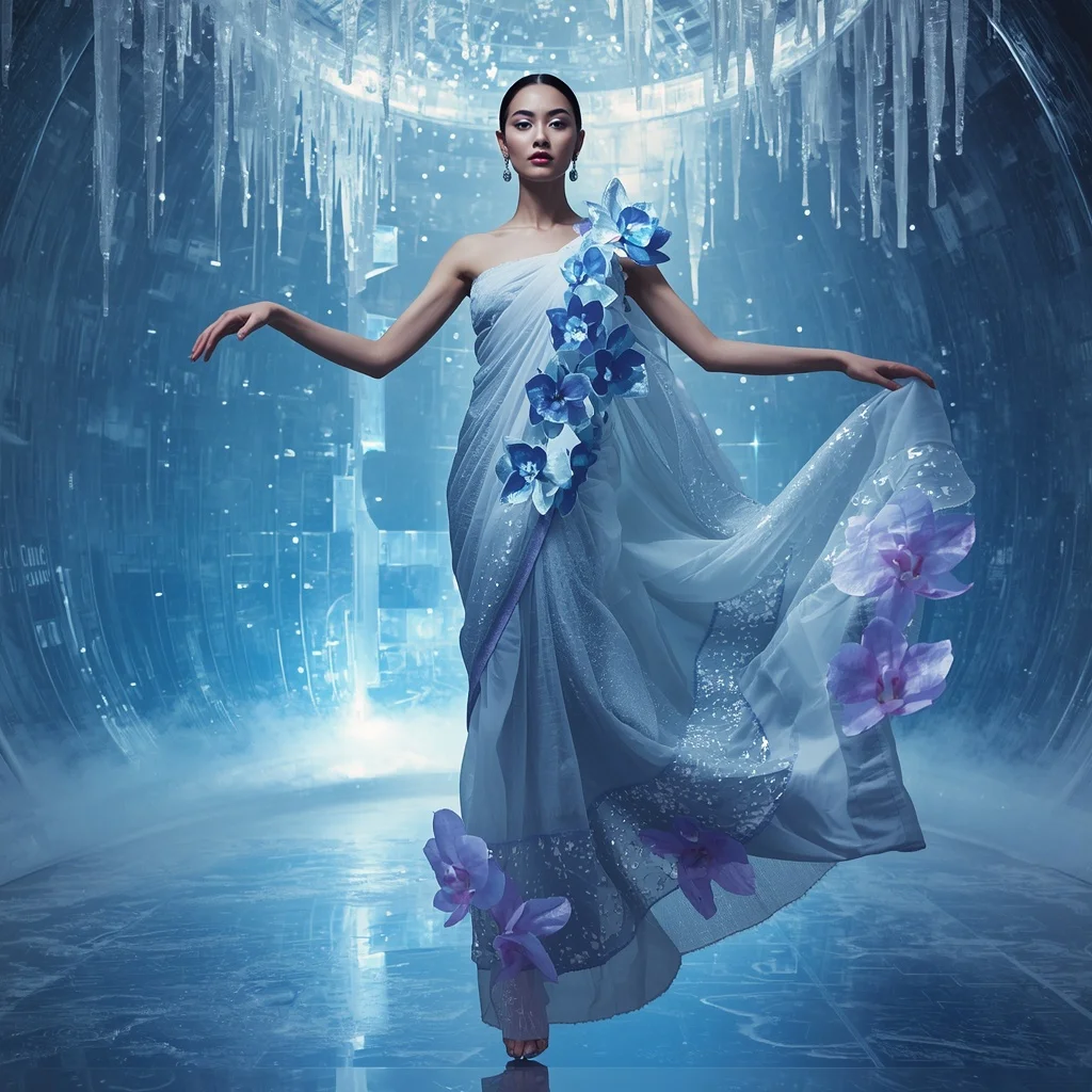 Frozen Quantum Orchid Saree with Ice Data Chamber | Prompt Image