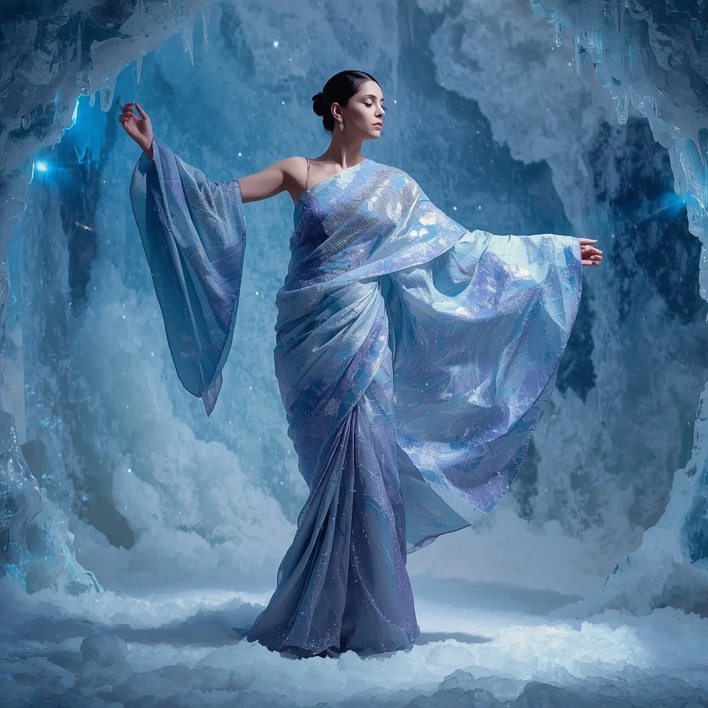 Frozen Quantum Silk Saree with Ice Rift Void Dome | Gemini Photo Prompt