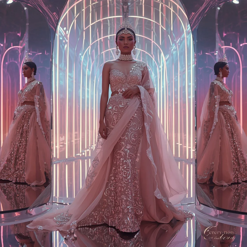 Frozen Rose Galaxy Empress Saree with Twenty Editorial Poses and Aurora Reflection Kingdom | Gemini Photo Prompt