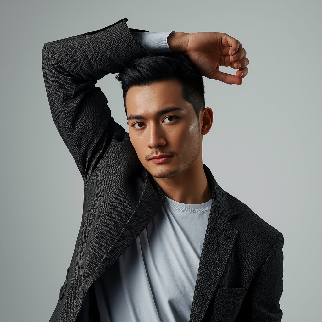 Full Body Arm Slight Lift Pause Pose with Subtle Masculine Expression