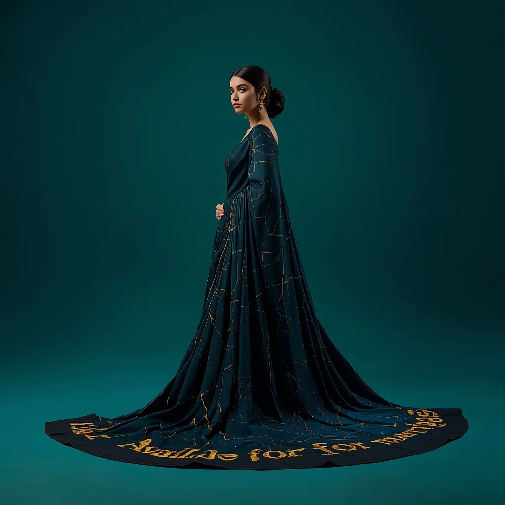 Full Body Deep Teal Studio Regal Walk with Liquid Obsidian & Gold Vein Saree | Saree Girl Ai Prompt