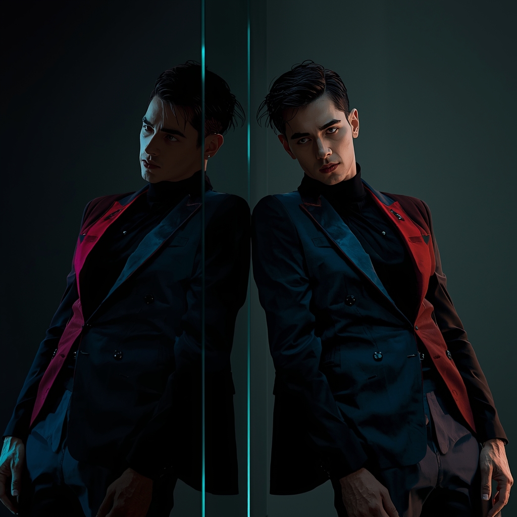 Full Body Glass Reflection Lean Pose with Dual-Identity Concept | Copy Paste Ai Prompt