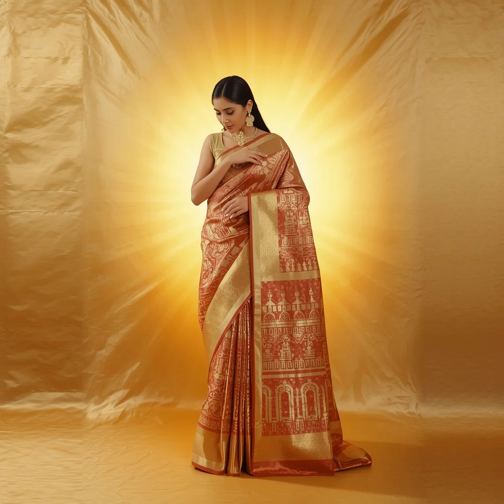 Full Body Graceful Saree Pallu Adjustment Pose on Golden Silk Aura | Sora Ai Prompt