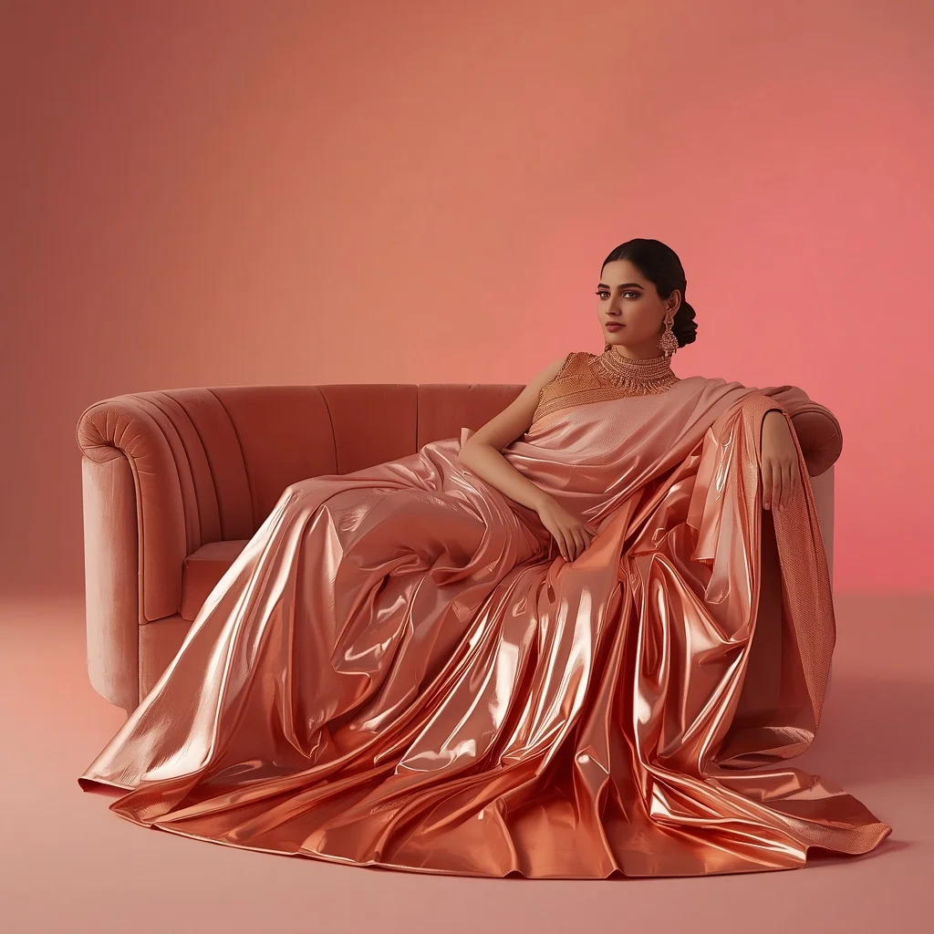 Full Body Hyper-Heavy Liquid Copper Dipped Pastel Blush Saree Sofa Lean | Female Model Ai Prompt