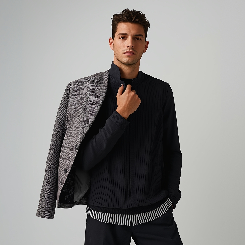 Full Body Jacket Shoulder Drop Pose with Effortless Masculine Style | Happy Ai Prompt