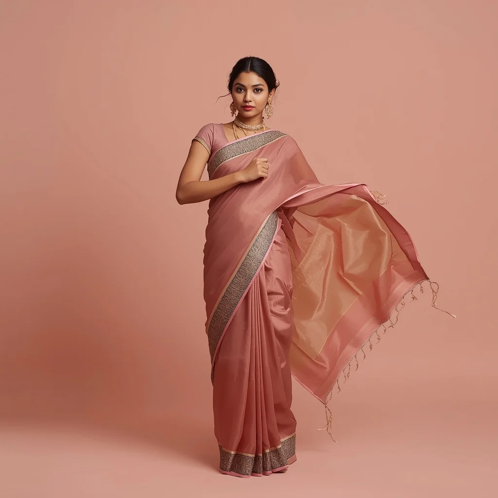 Full Body Matte Blush Studio Power Stance with Quantum Levitating Silk Fancy Saree | Instagram Prompt For Traditional Look For Girl In English
