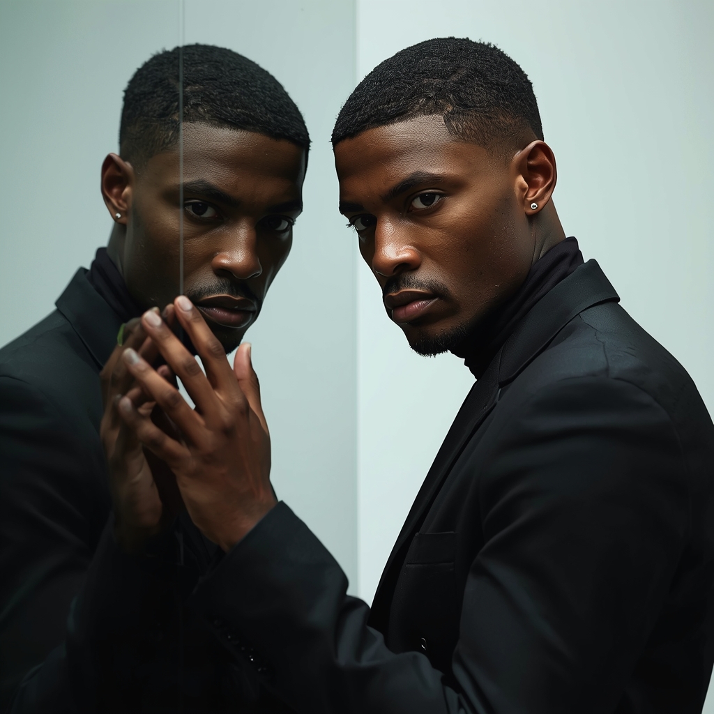 Full Body Mirror Interaction Pose with Dual Masculine Reflection Concept | Gemini Ai Prompt