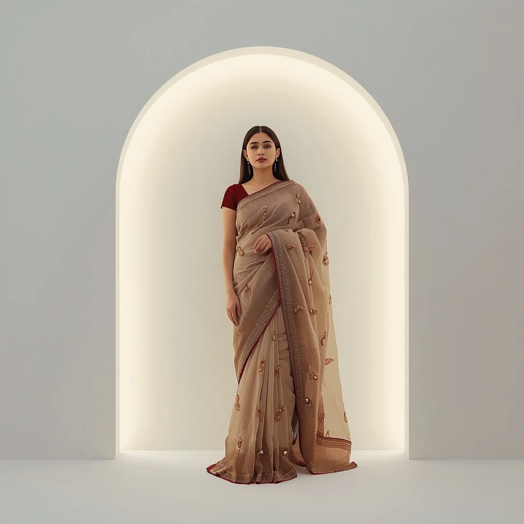 Full Body Modern Saree Lean on Glowing Archway | Aesthetic Ai Prompt