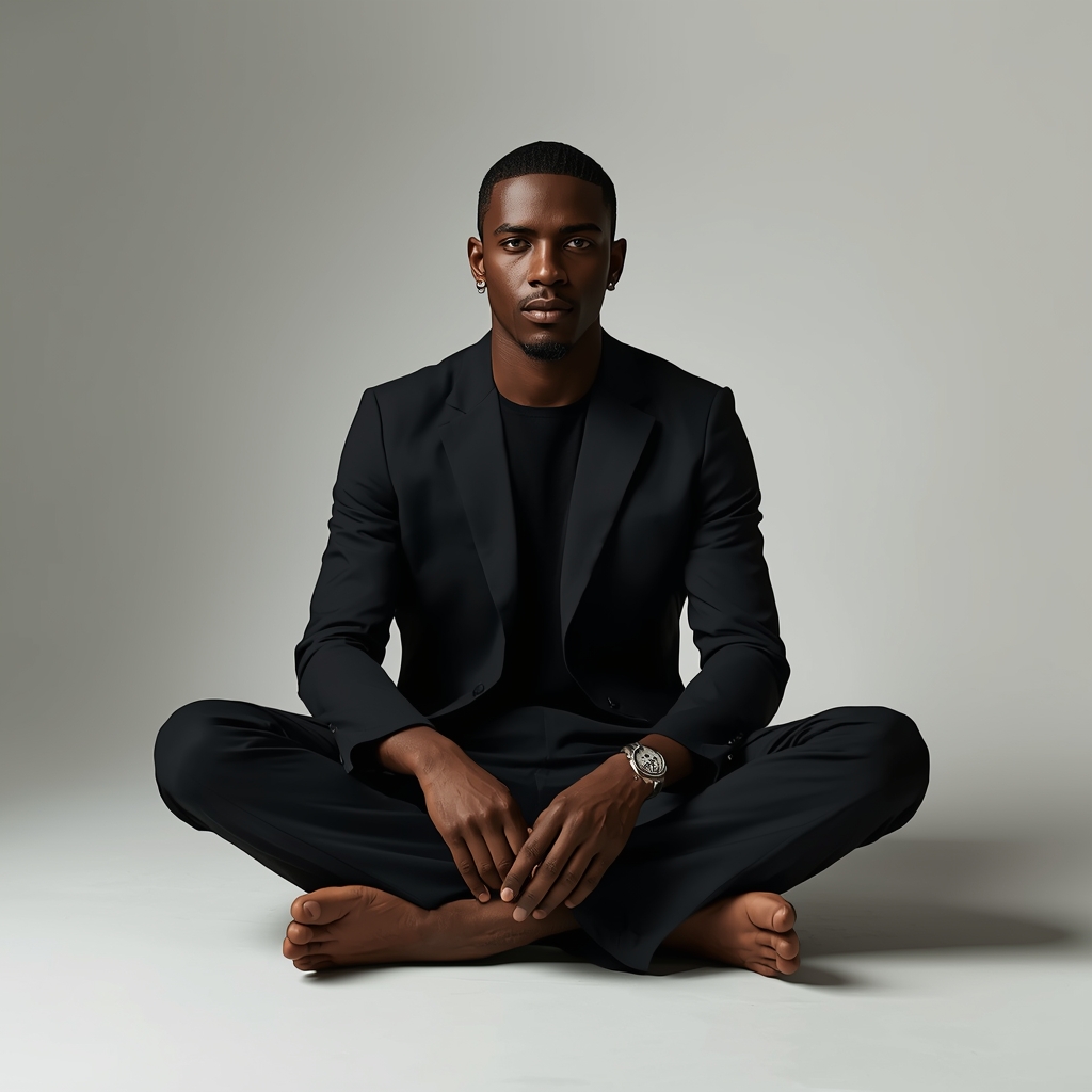 Full Body Sitting Floor Cross-Leg Pose with Calm Masculine Authority | Command Prompt