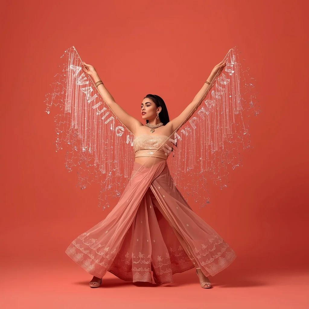 Full Body Soft Coral Studio Power Pose with Kinetic Crystal Drone Fancy Saree | Traditional Saree Prompt For Girl In English