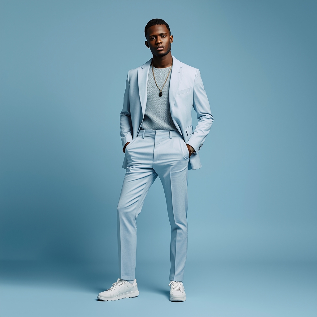 Full Body Soft Frost Blue Studio Pose with Clean Masculine Aesthetic | Cinematic Ai Prompt