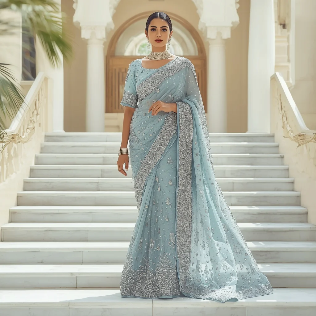 Fully Encrusted Glass-Bead Armor Powder Blue Saree | Walking Down Stairs Pose | Instagram Carousel Ai Prompt