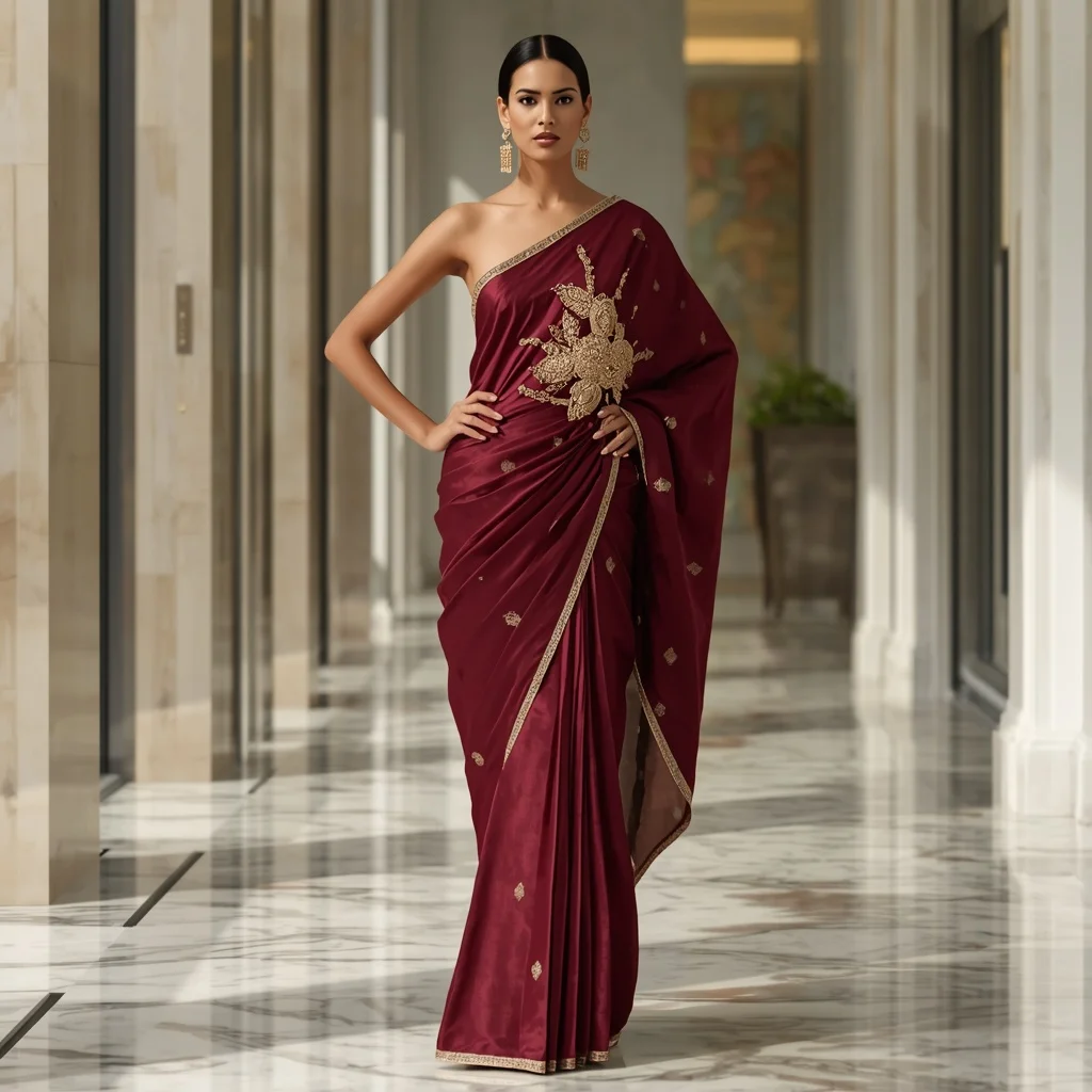Fusion Gown-Style Saree with Sculptural Elements in Deep Maroon and Gold | Happy Ai Prompt