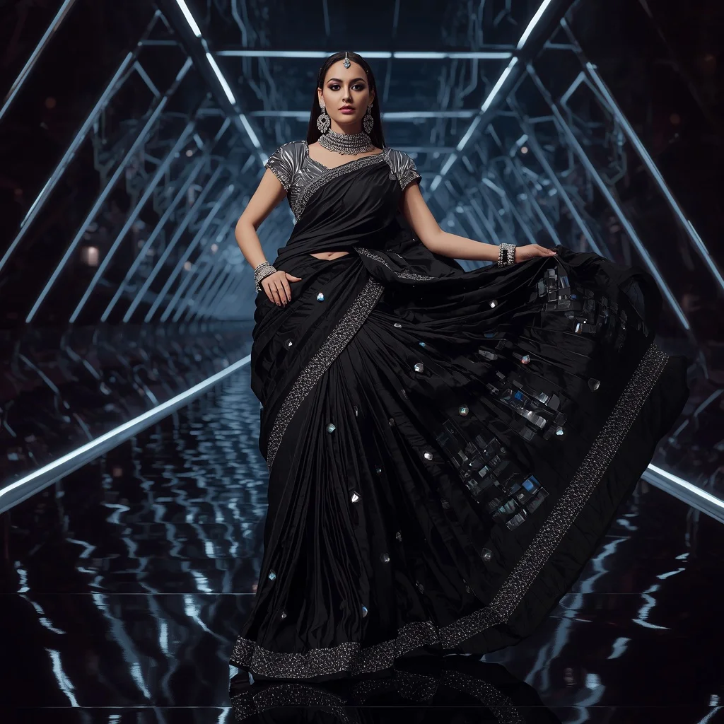 Futuristic Black Diamond Saree with Fierce Editorial Spiral Air Twist and Neon Reflection Tunnel Background | Desi Girl Ai Prompt
