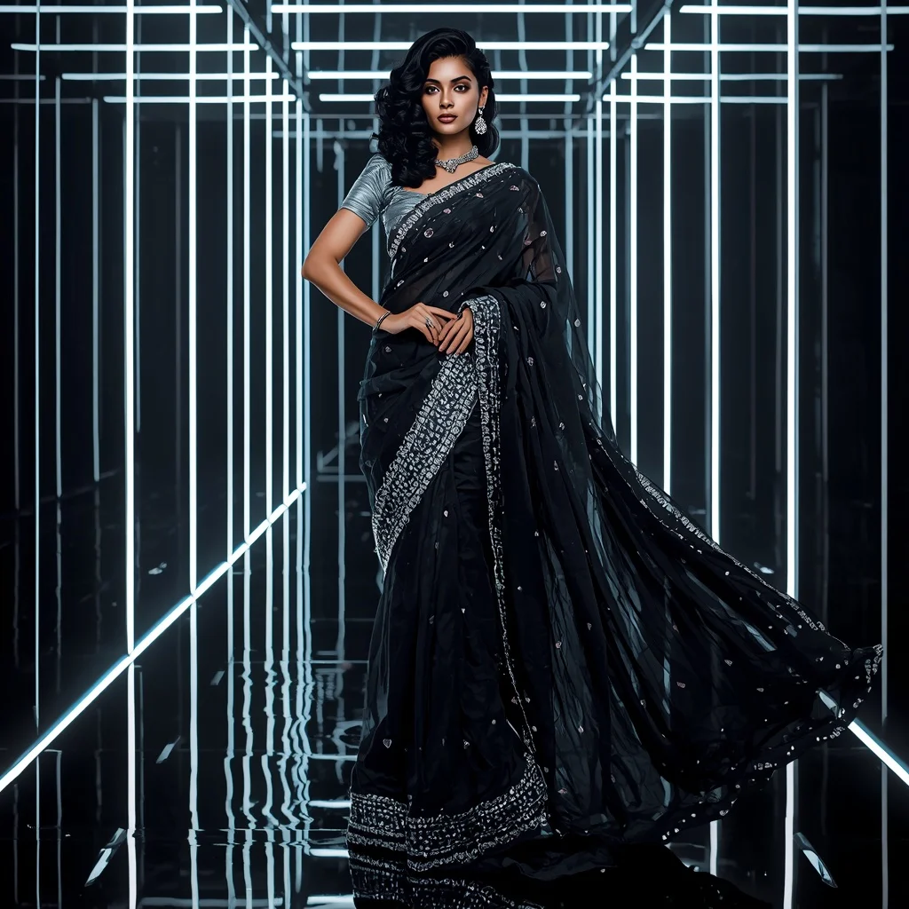 Futuristic Black Diamond Saree with Fierce Editorial Spiral Curl and Neon Reflection Hall Background | Prompt For Gemini AI Girl
