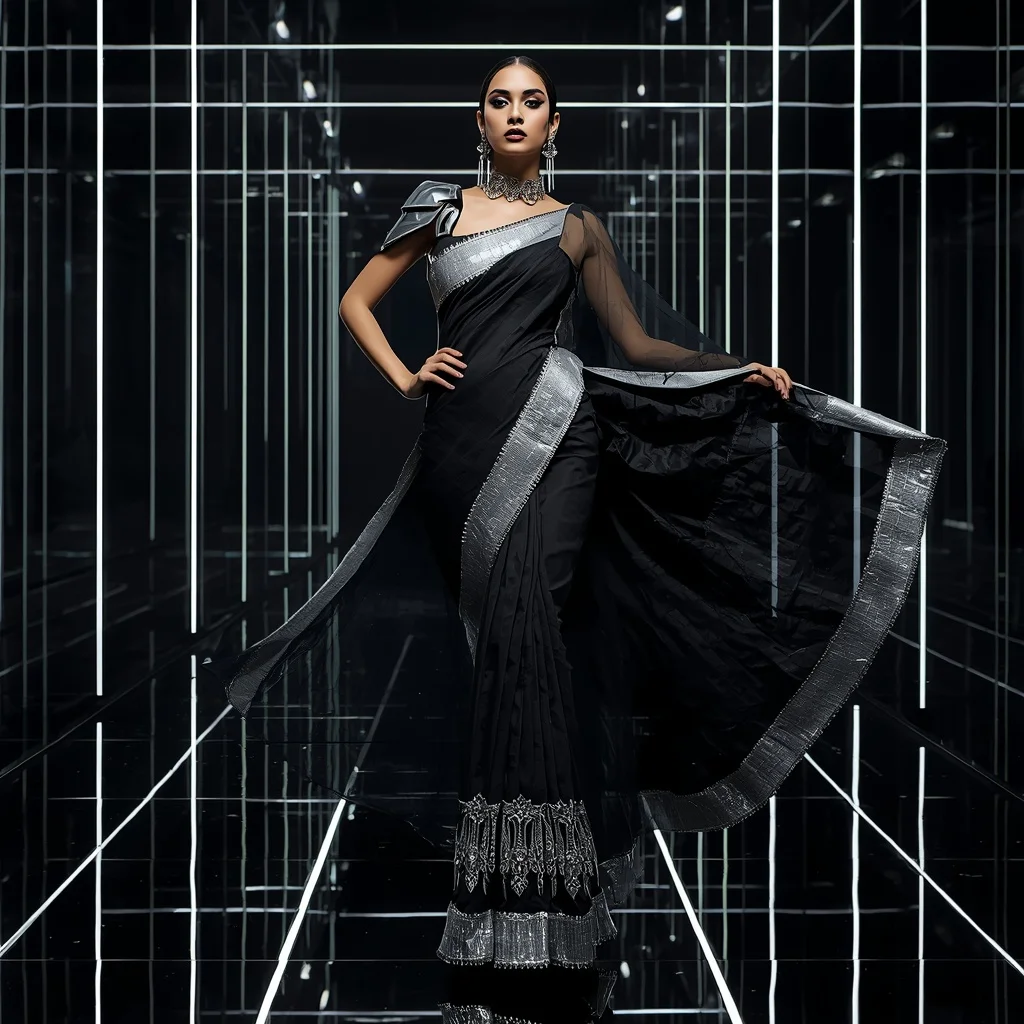 Futuristic Black Mirror Saree with Fierce Editorial Air Twist and Neon Reflection Hall Background | Gemini Ai Photo Prompt