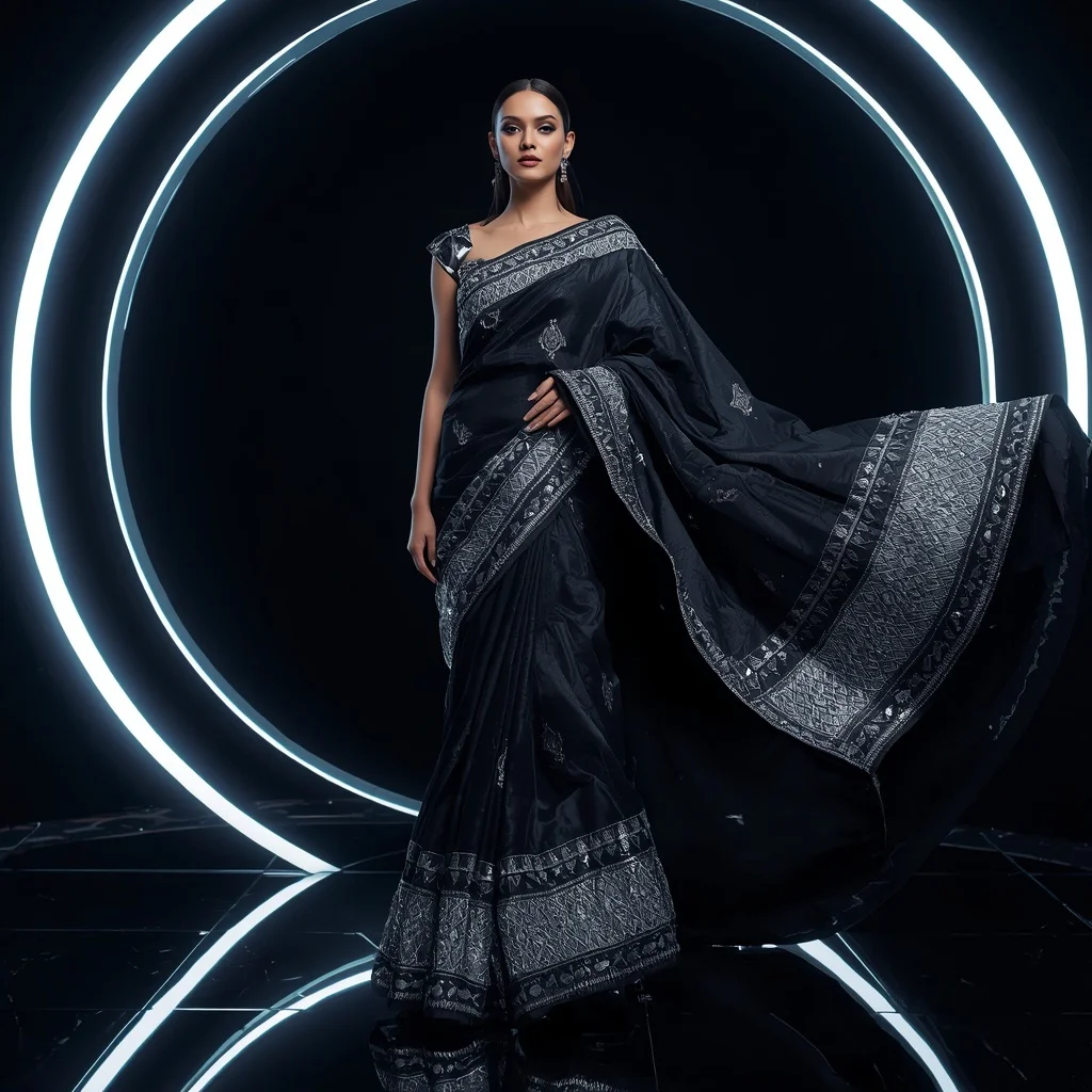 Futuristic Black Mirror Saree with Fierce Editorial Spiral Air Walk and Neon Reflection Ring Background | Cute Girl Ai Prompt
