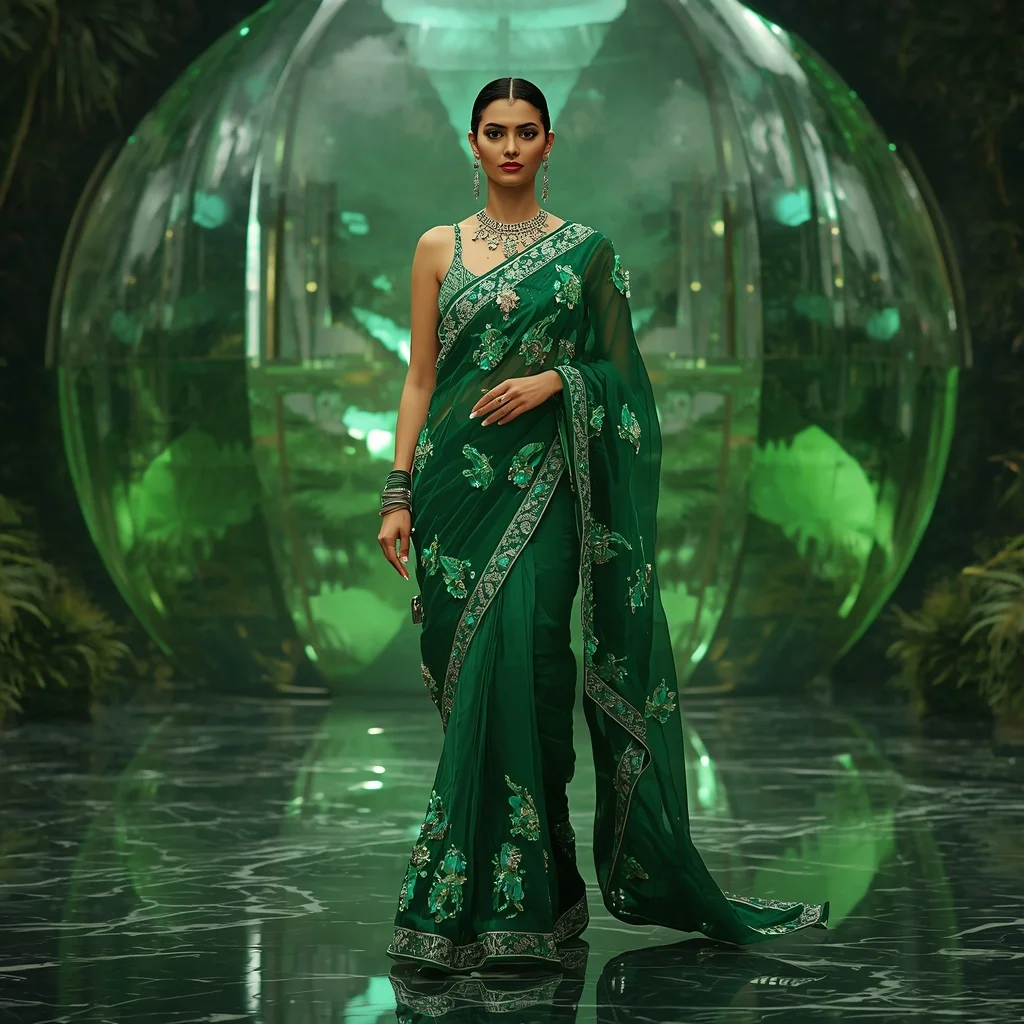 Futuristic Emerald Jungle Saree with Elegant Marble Editorial Walk and Floating Reflection Dome Background | Travel Ai Prompt
