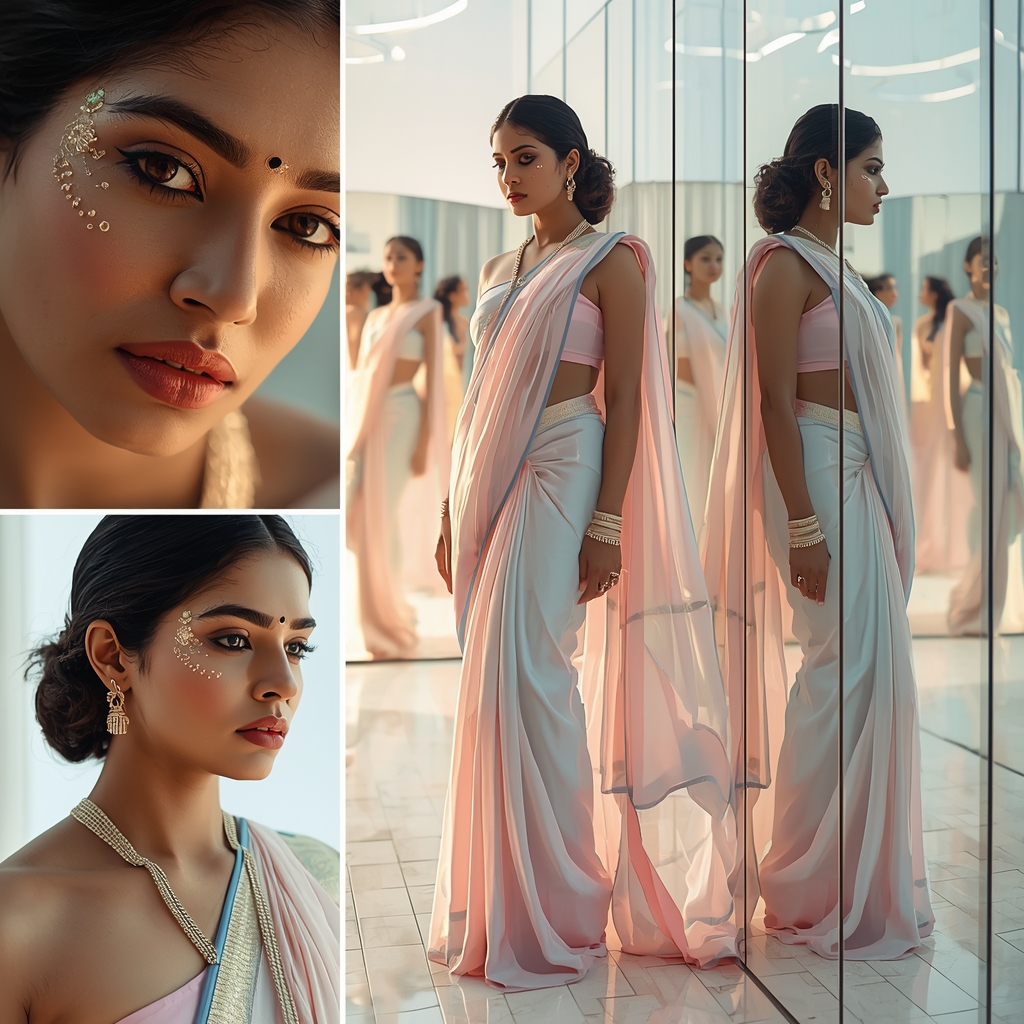 Futuristic Emotional Magical Pastel Saree Image Prompt for Women with Infinite Soul Mirror | Gemini Saree Ai Photo Prompt