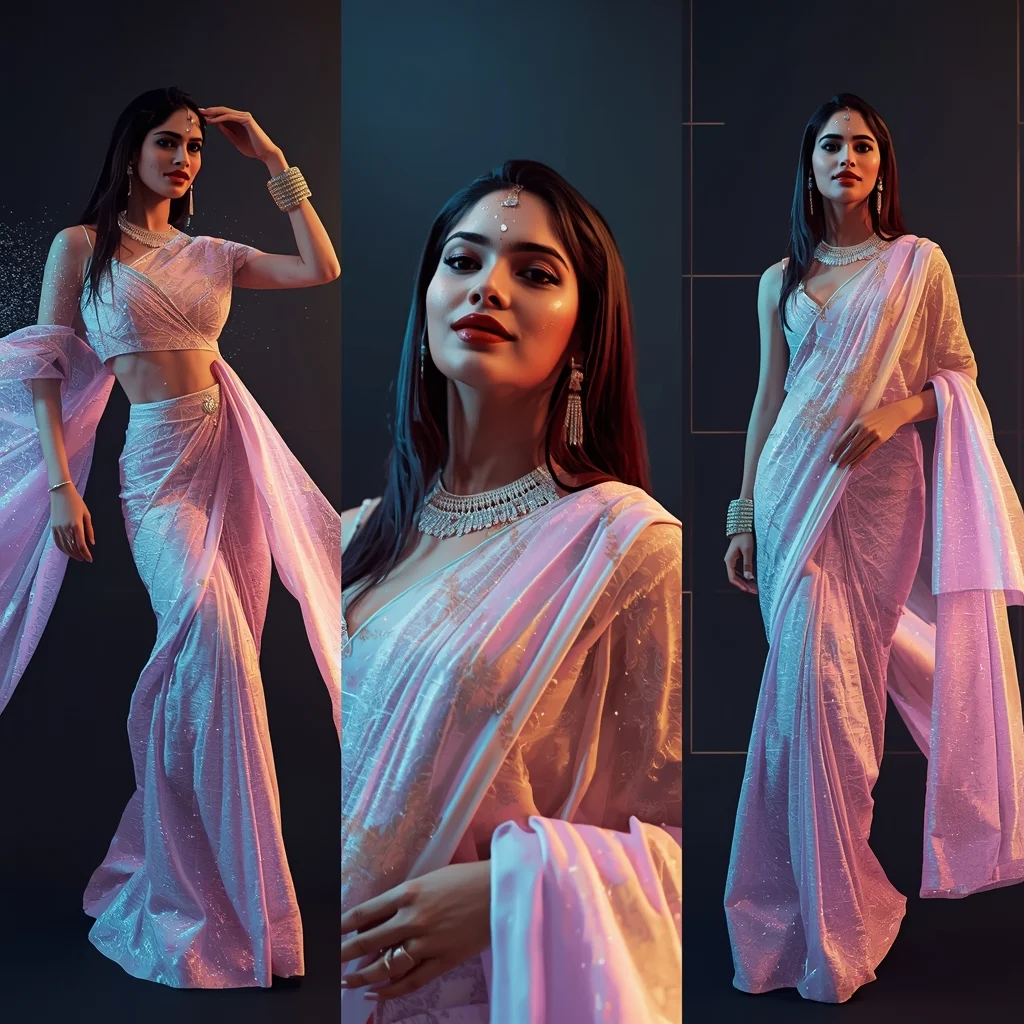 Futuristic Glam Pastel Saree Image Prompt for Women with Digital Silk Particles and Modern Luxury | Gemini Saree Prompt For Girl