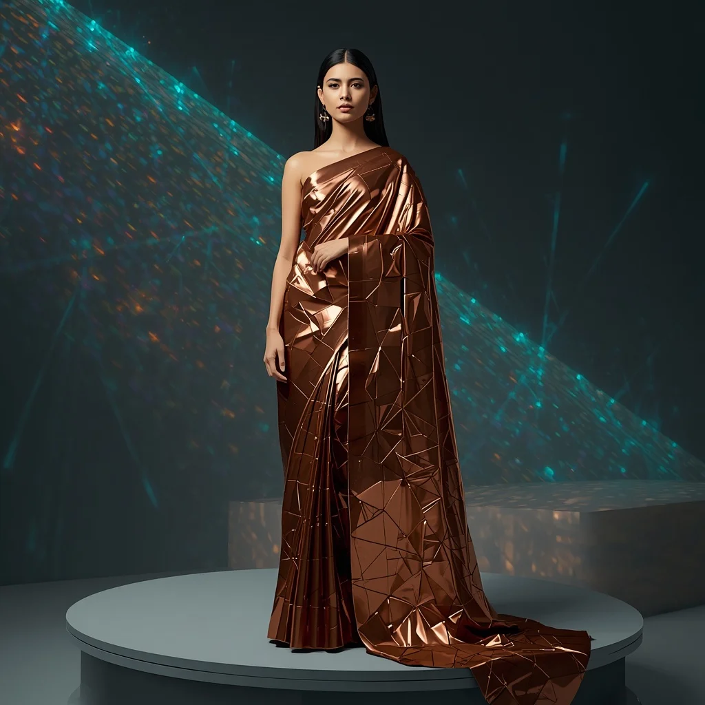 Futuristic Liquid Bronze and Copper Geometric Paneled Saree | Prompt Seen Trending Girl Instagram