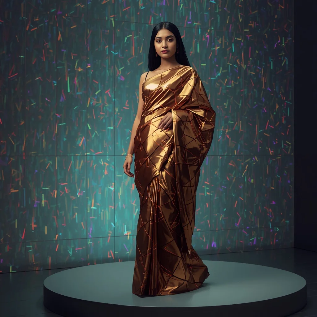 Futuristic Liquid Gold and Copper Geometric Paneled Saree | Gemini Ai Photo