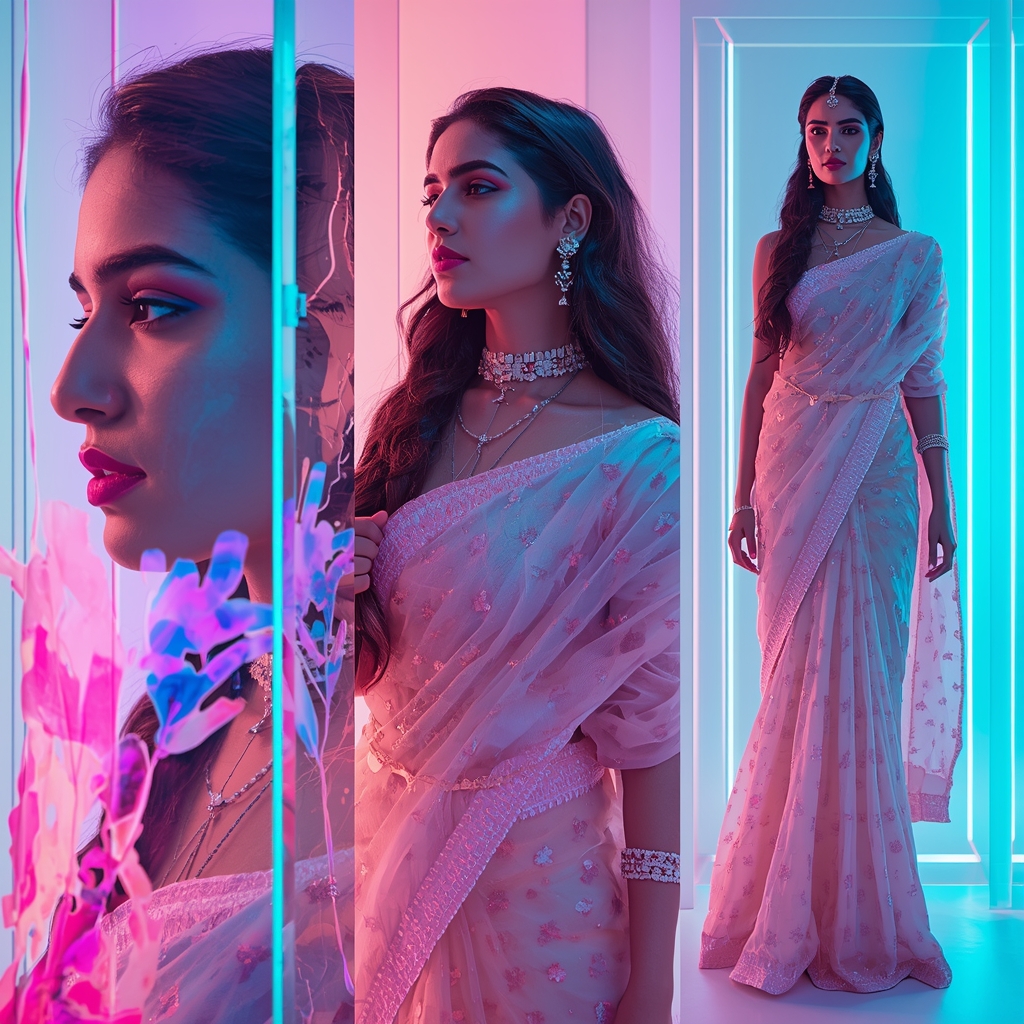 Futuristic Pastel Indian Saree Aesthetic With Neon Watercolor Glass Elements | Saree Ai Prompt