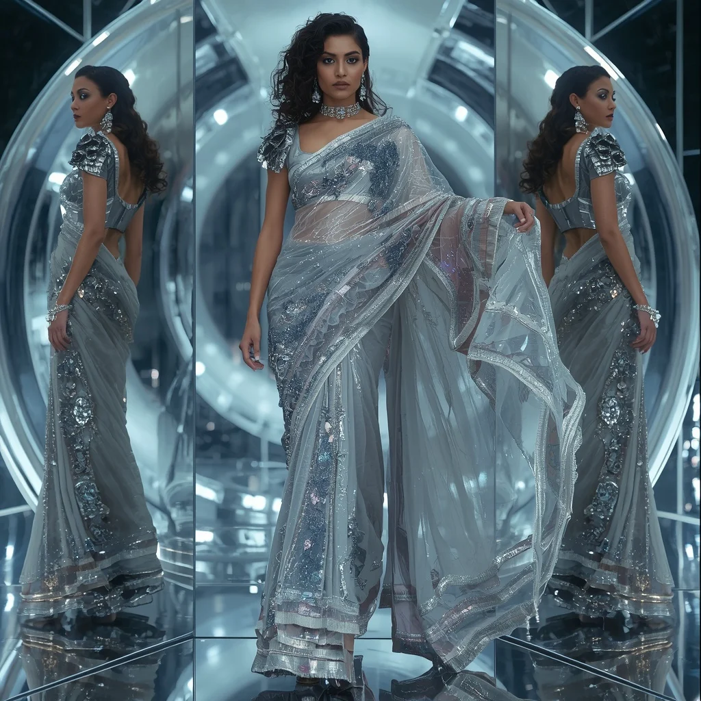 Futuristic Silver Galaxy Wave Saree with Sharp Editorial Curl Walk and Chrome Reflection Dome Background | Ai Prompt For Instagram