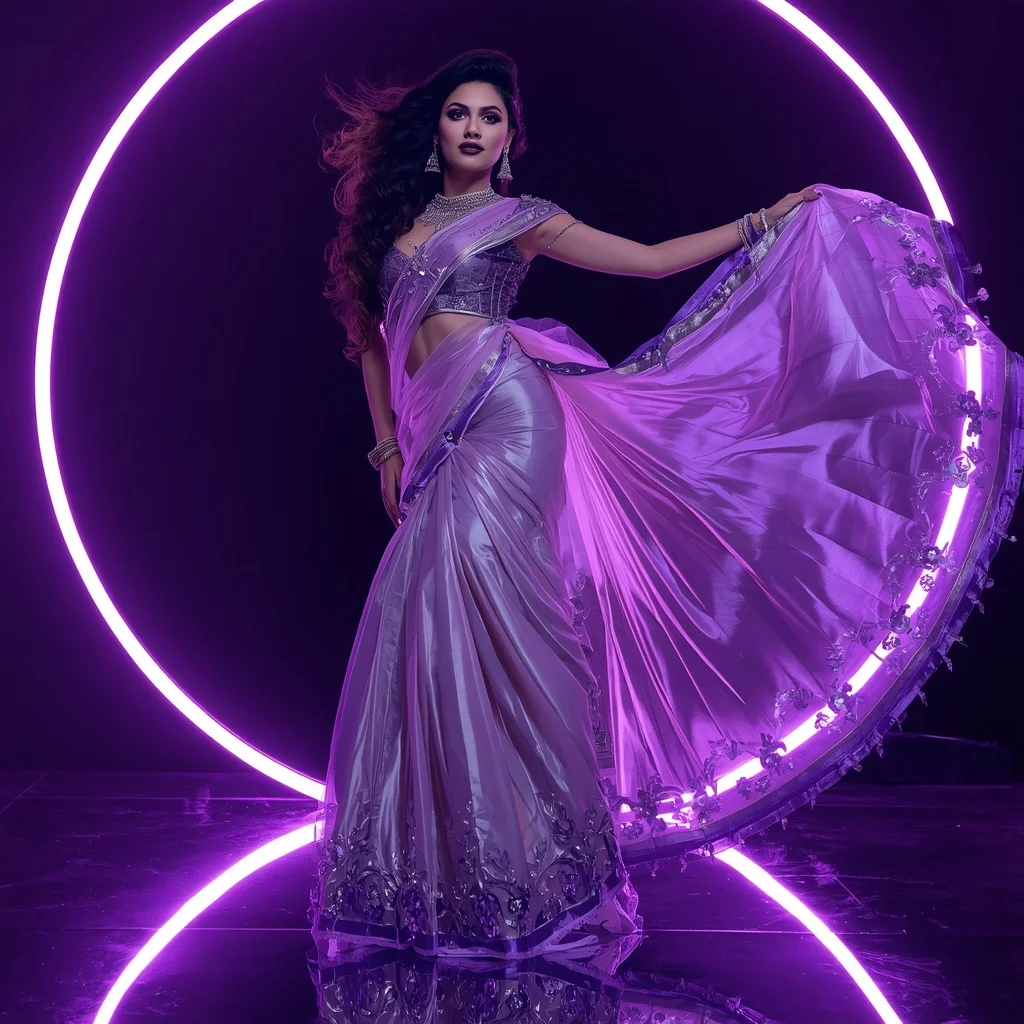 Futuristic Violet Aurora Saree with Dramatic Editorial Air Curl and Neon Reflection Ring Background | New Instagram Trend Prompt For Girl And Boy Aesthetic