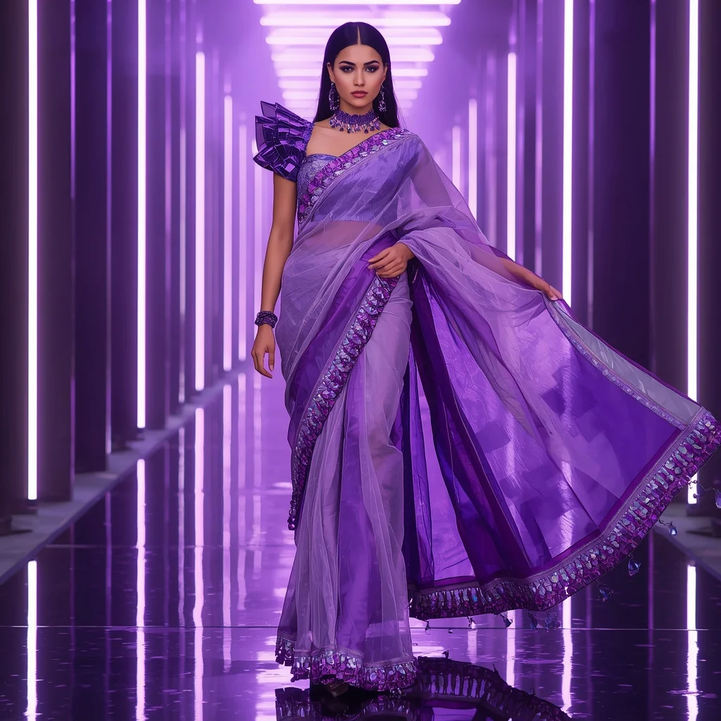 Futuristic Violet Aurora Saree with Dramatic Editorial Air Walk and Neon Reflection Palace Background | Desi Girl Ai Prompt