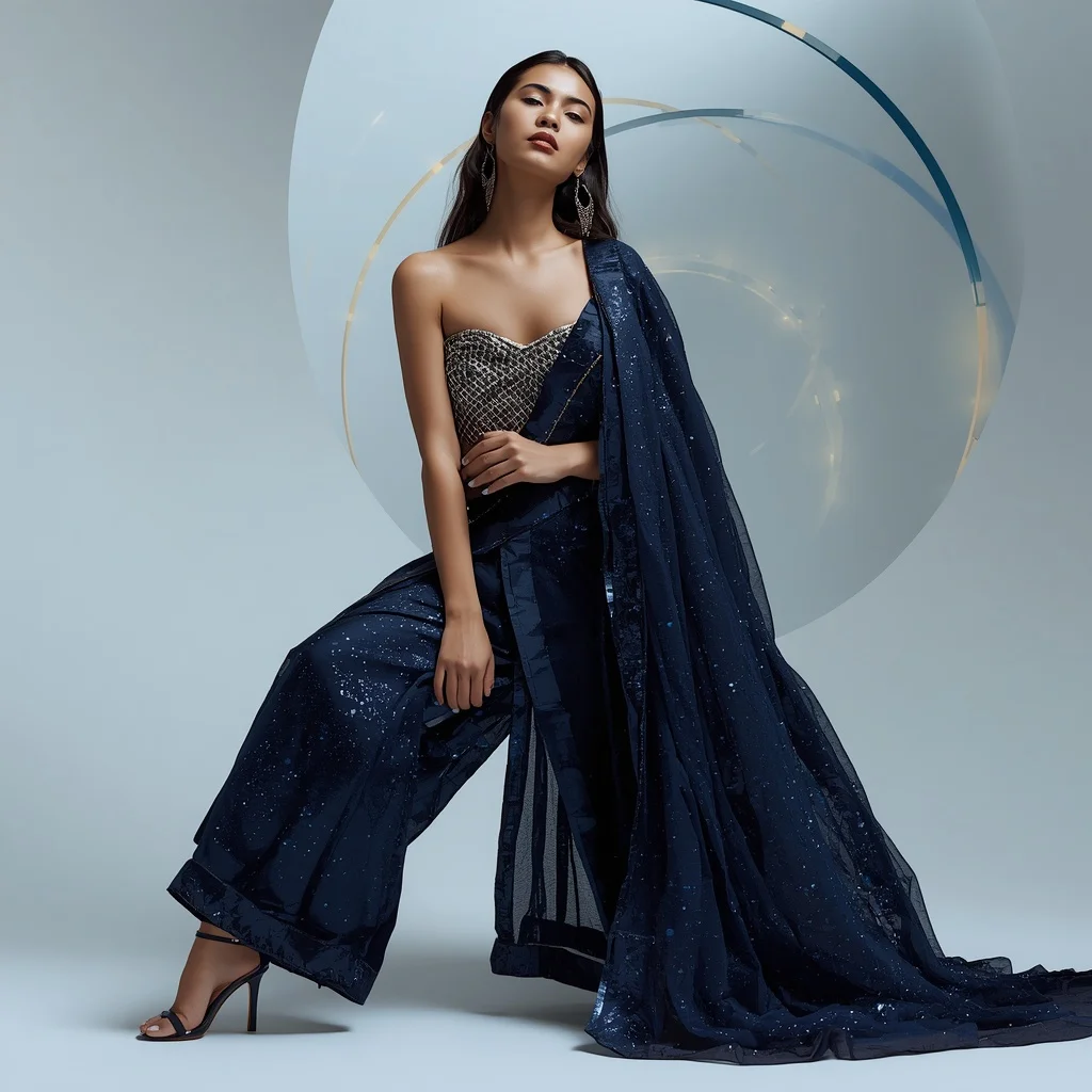 Galactic Navy and Metallic Mesh Saree with Arc Lights | Prompt Gemini Ai