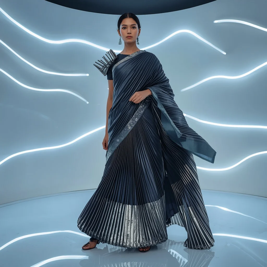 Geometric Kinetic Plissé Saree with Floating LED Wave Chamber | Bridal Ai Prompt