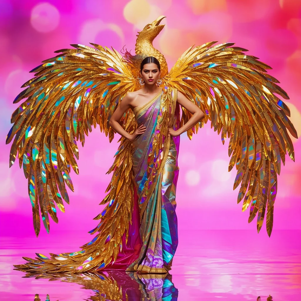 Giant 3D Sculpted Gold Phoenix Saree with Iridescent Prism Feathers | Bridal Ai Prompt