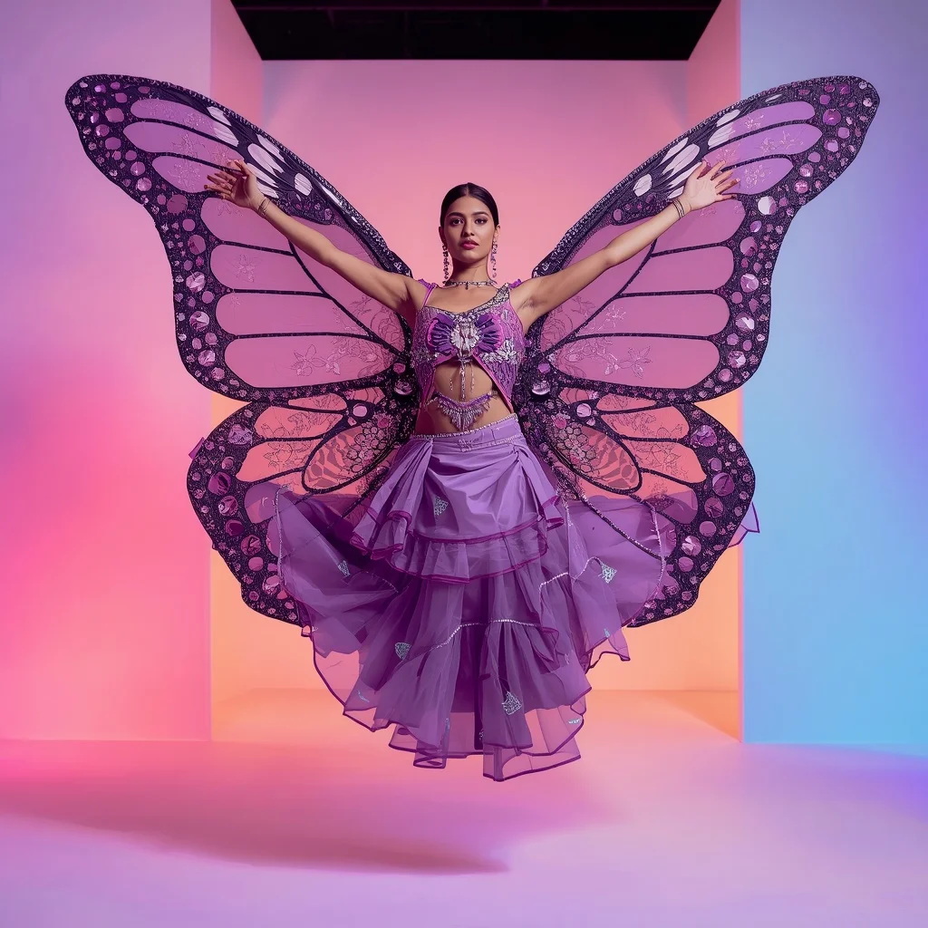 Giant Amethyst Prism Butterfly Saree Couture with High-Fashion Jump Pose | Gym Influencer Ai Prompt