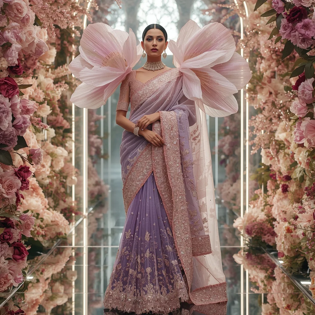 Giant Crystal Anemone Bloom Saree with Royal Floral Sanctuary | Prompt For Gemini AI Girl Style Trending Indian
